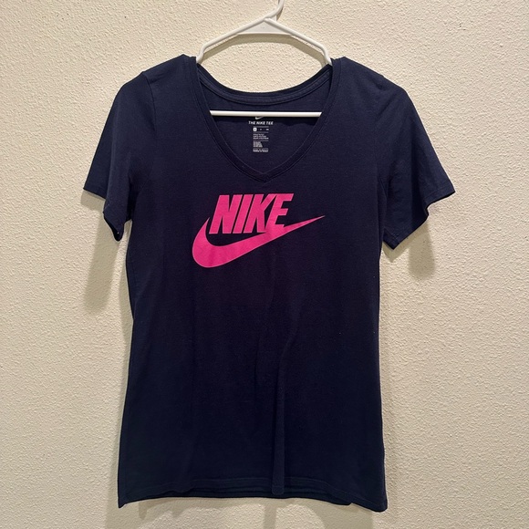 Nike Tops - Nike Women's Dark Blue Tee with Vibrant Pink Logo
